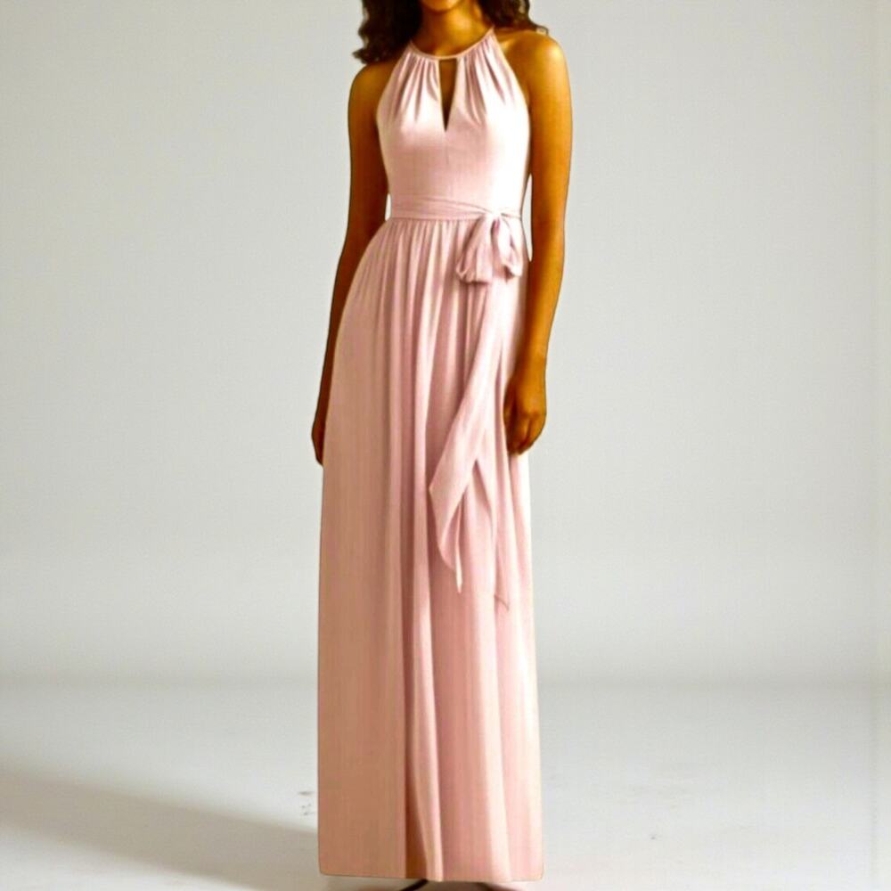 Social Bridesmaids Suede Rose Halter Gown Long Formal Dress Tie Belt Size 8 NWT